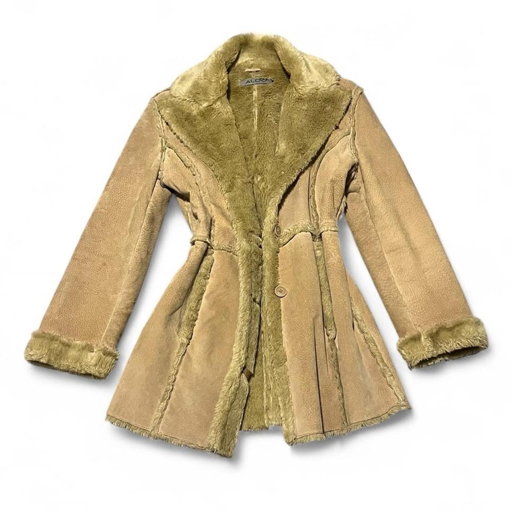 2000s Aldo real leather penny lane long fur trim coat in a tan creamy beige